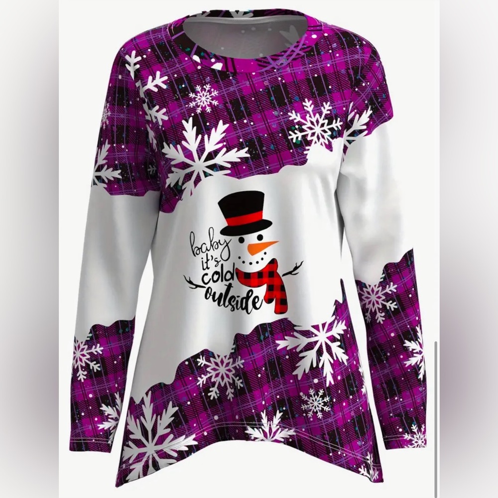 *NWOT* Whimsical Snowman Letter Print Crew Neck Long Sleeve Top Size XL
